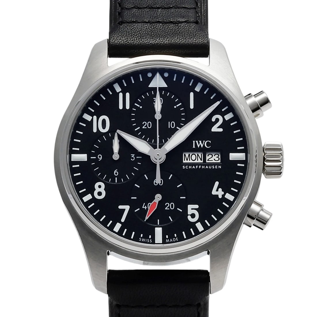 IWC PILOT WATCH CHRONOGRAPH BLACK DIAL WATCH: IWC Pilot watch Chronograph black Dial Watch Brand: IWC Type: Wristwatch Material: SS Color: Dial color black Size: Bracelet size 19.0cm Case size: 41.0mm Accessories: None Accessories Not