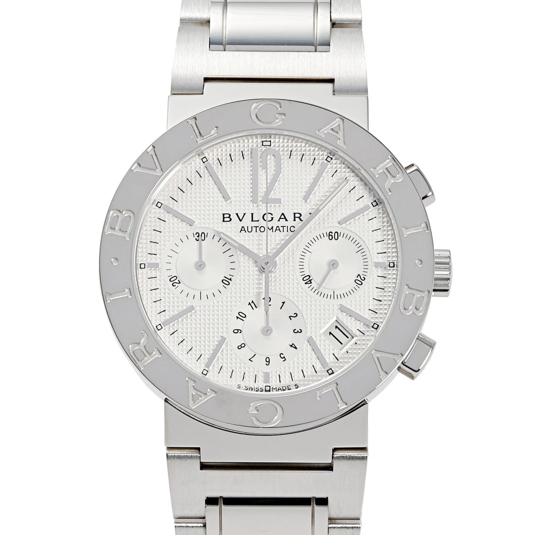 BVLGARI CHRONOGRAPH WHITE DIAL WATCH: BVLGARI Chronograph white Dial Watch Brand: BVLGARI Type: Wristwatch Material: SS Color: Dial color white Size: Bracelet size 20.5cm Case size: 38.0mm Accessories: None Accessories Notice: