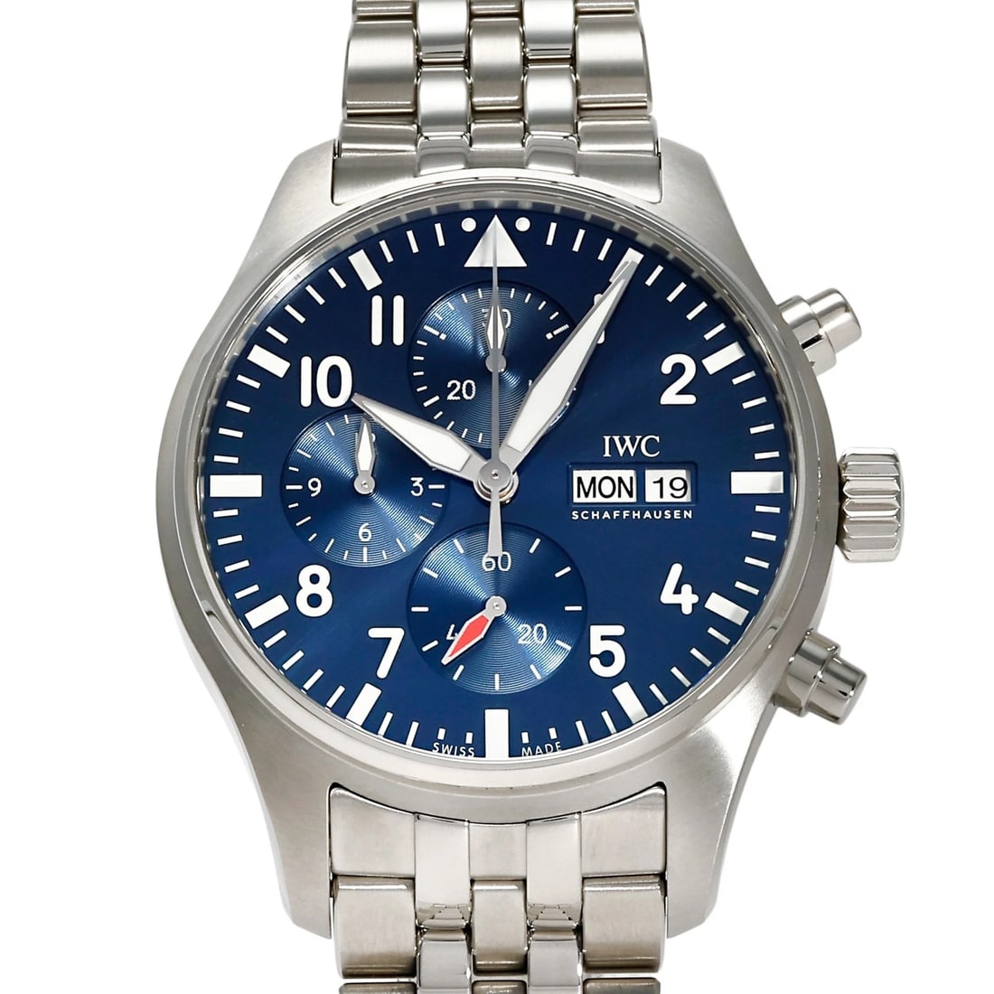 IWC PILOT WATCH CHRONOGRAPH BLUE DIAL WATCH: IWC Pilot watch Chronograph blue Dial Watch Brand: IWC Type: Wristwatch Material: SS Color: Dial color blue Size: Bracelet size 18.0cm Case size: 43.0mm Accessories: None Accessories Notic