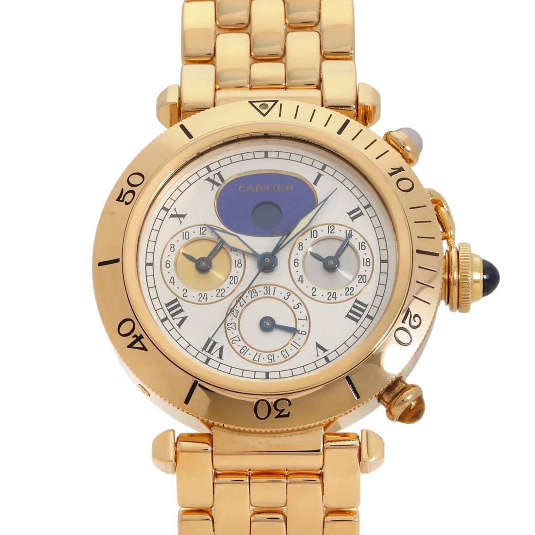 CARTIER PASHA WHITE DIAL WATCH: Cartier Pasha white Dial Watch Brand: Cartier Type: Wristwatch Material: K18 yellow gold Color: Dial color white Size: Bracelet size: 17.5cm Case size: 38.0mm Accessories: None Accessories
