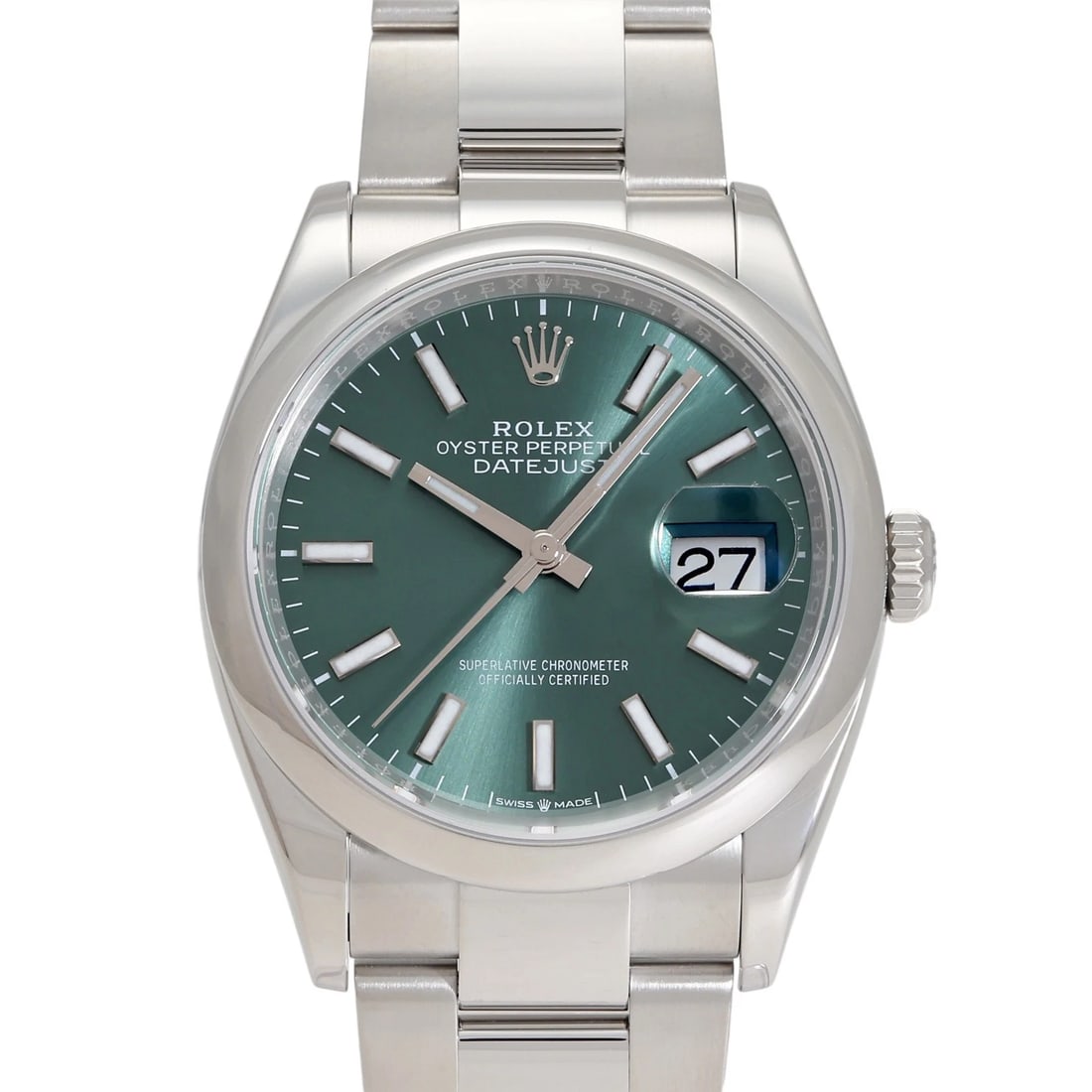 ROLEX DATEJUST MINT GREEN/BAR DIAL WATCH: Rolex Datejust mint green/bar Dial Watch Brand: Rolex Type: Wristwatch Material: SS Color: Dial color mint green/bar Size: Bracelet size: 15.5cm Case size: 36.0mm Accessories: None Accesso