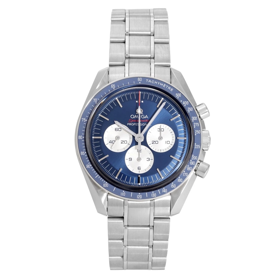 OMEGA SPEEDMASTER BLUE DIAL WATCH: OMEGA Speedmaster blue Dial Watch Brand: OMEGA Type: Wristwatch Material: SS Color: Dial color blue Size: Bracelet size: 20.0cm Case size: 42.0mm Accessories: None Accessories Notice: When