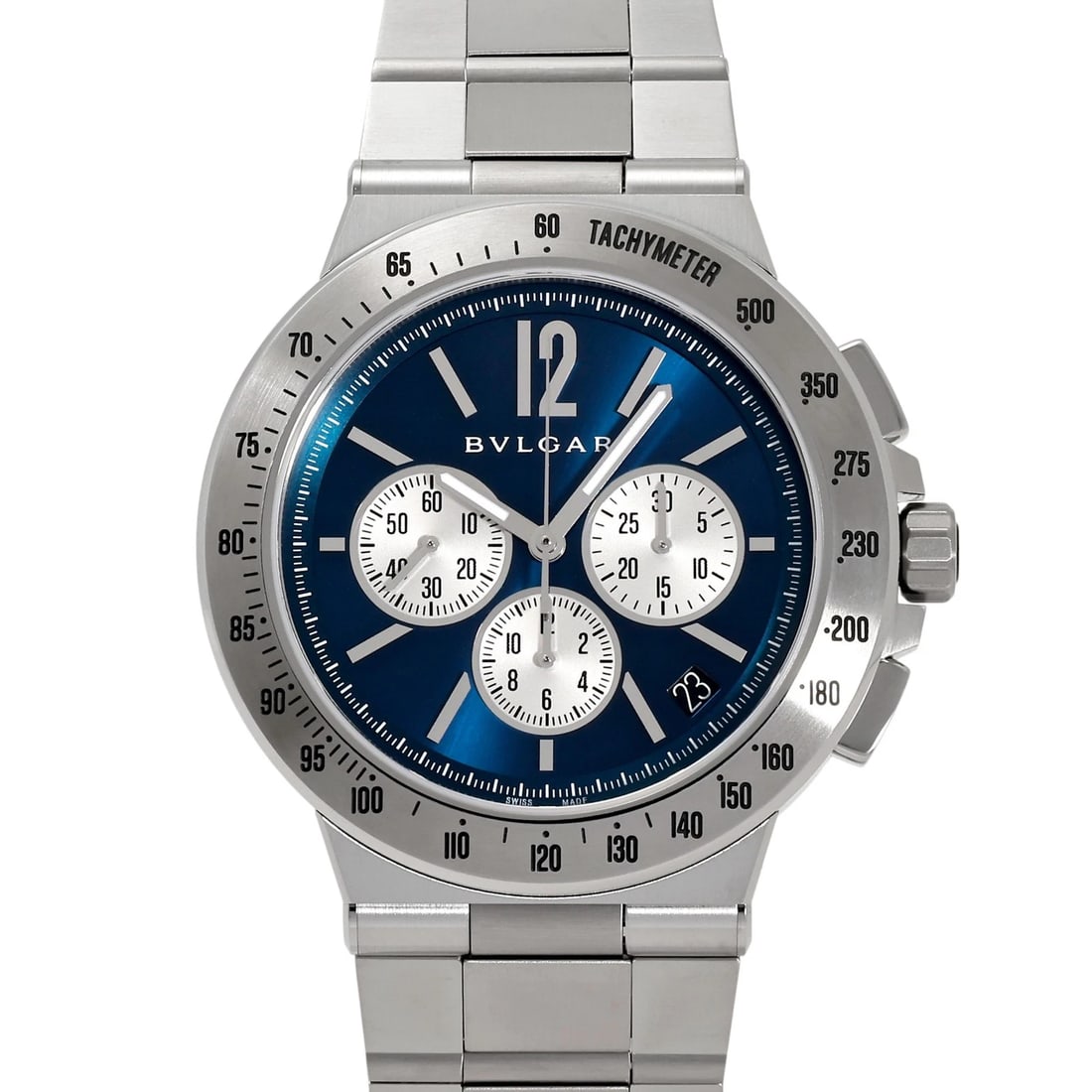 BVLGARI DIAGONO VELOCISSIMO BLUE / SILVER DIAL WATCH: BVLGARI Diagono Velocissimo Blue / silver Dial Watch Brand: BVLGARI Type: Wristwatch Material: SS Color: Dial color Blue / silver Size: Bracelet size 20.5cm Case size: 41.0mm Accessories: None