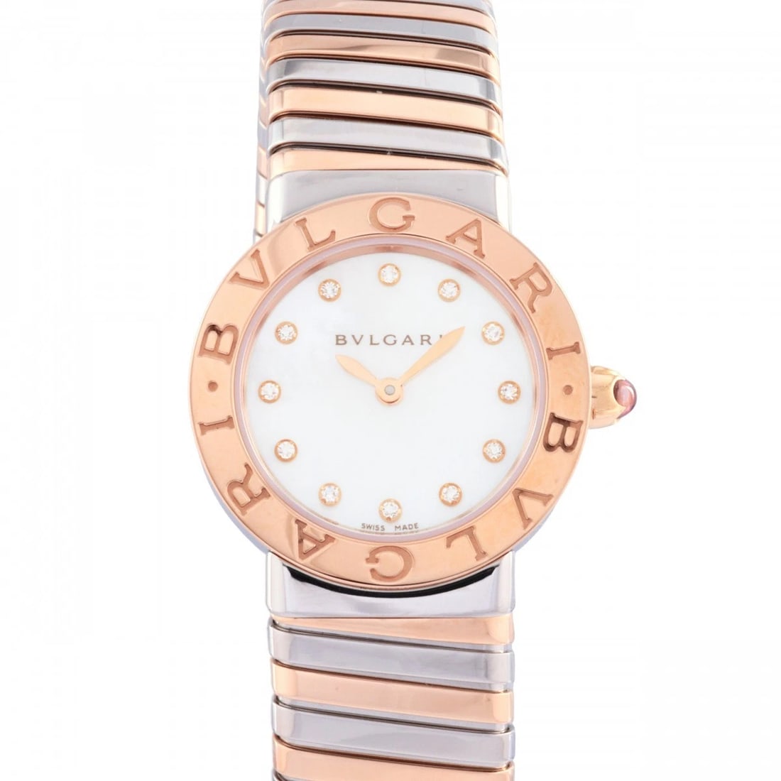 BVLGARI TUBOGAS WHITE DIAL WATCH: BVLGARI Tubogas white Dial Watch Brand: BVLGARI Type: Wristwatch Material: SS PG Color: Dial color Blue / silver Size: Bracelet size 14.0cm Case size: 26.0mm Accessories: None Accessories