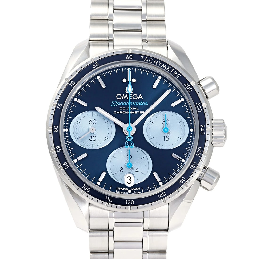 OMEGA SPEEDMASTER BLUE DIAL WATCH: OMEGA Speedmaster blue Dial Watch Brand: OMEGA Type: Wristwatch Material: SS Color: Dial color silver Size: Bracelet size: 17.0cm Case size: 38.0mm Accessories: None Accessories Notice: Wh