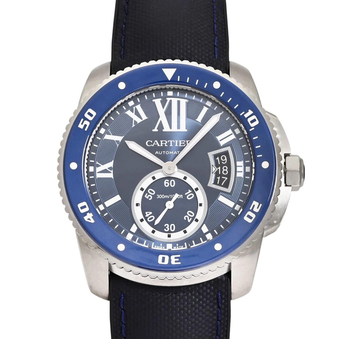 CARTIER CALIBLE DE CARTIER DIVER BLUE DIAL WATCH: Cartier Calible De Cartier Diver blue Dial Watch Brand: Cartier Type: Wristwatch Material: SS Rubber Color: Dial color blue Size: Bracelet size 18.0cm Case size: 42.0mm Accessories: None A