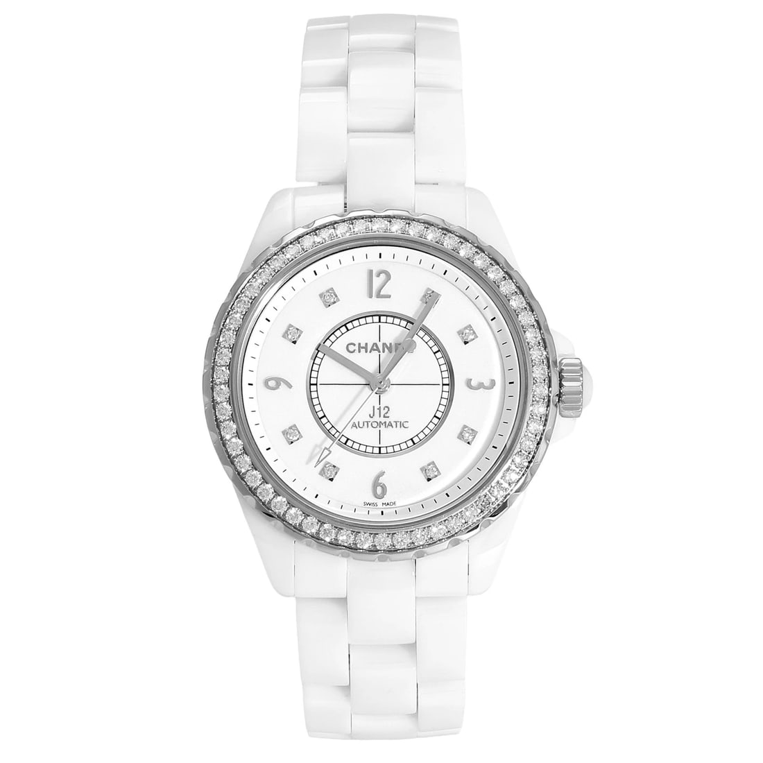 CHANEL WHITE DIAL WATCH: CHANEL white Dial Watch Brand: CHANEL Type: Wristwatch Material: ceramic diamond stainless ceramic Color: Dial color white Size: Bracelet size: 19.5cm Case size: 38.0mm Accessories: None A