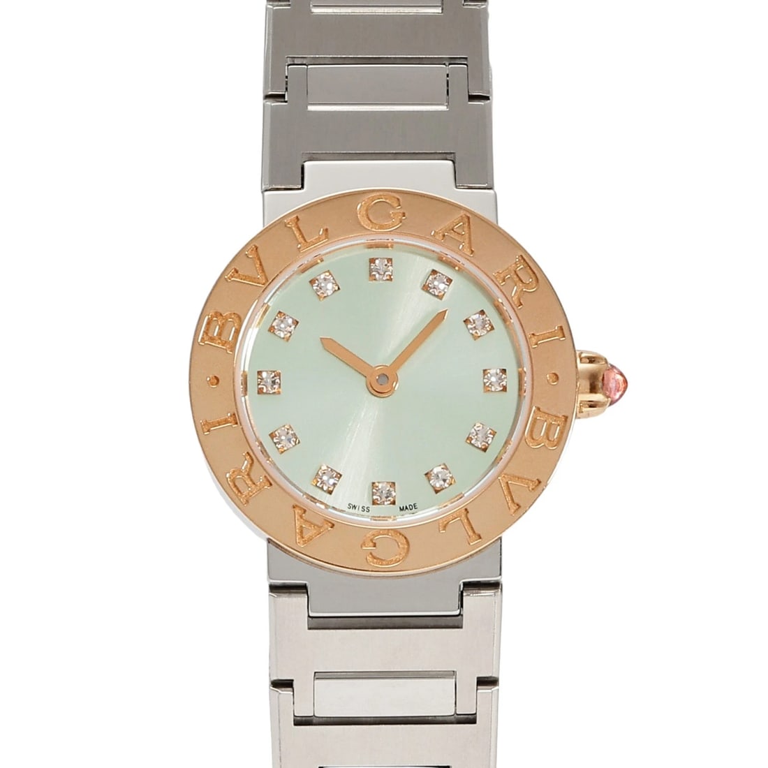 BVLGARI GREEN DIAL WATCH: BVLGARI green Dial Watch Brand: BVLGARI Type: Wristwatch Material: stainless K18 pink gold Rubellite stainless Color: Dial color green Size: Bracelet size: 16.5cm Case size: 23.0mm Accessories: No