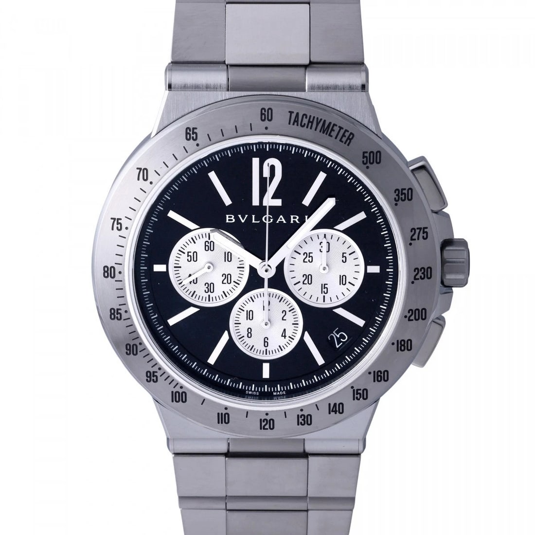 BVLGARI DIAGONO VELOCISSIMO BLACK DIAL WATCH: BVLGARI Diagono Velocissimo black Dial Watch Brand: BVLGARI Type: Wristwatch Material: SS Color: Dial color black Size: Bracelet size: 19.0cm Case size: 41.0mm Accessories: None Accessorie