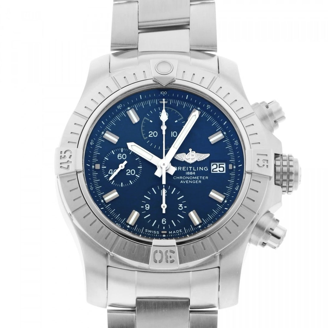 BREITLING AVENGER CHRONOGRAPH BLUE DIAL WATCH: BREITLING Avenger Chronograph blue Dial Watch Brand: BREITLING Type: Wristwatch Material: SS Color: Dial color blue Size: Bracelet size: 20.5cm Case size: 43.0mm Accessories: None Accessor