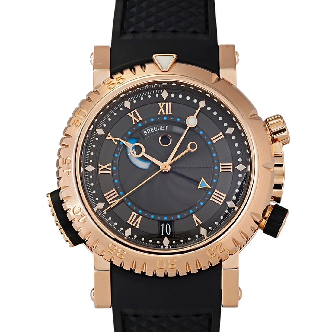 BREGUET MARINE ROYAL GRAY DIAL WATCH: Breguet Marine Royal gray Dial Watch Brand: Breguet Type: Wristwatch Material: rubber / Pink gold Color: Dial color gray Size: Bracelet size: 21.0cm Case size: 45.0 x 45.0 mm Accessories: None