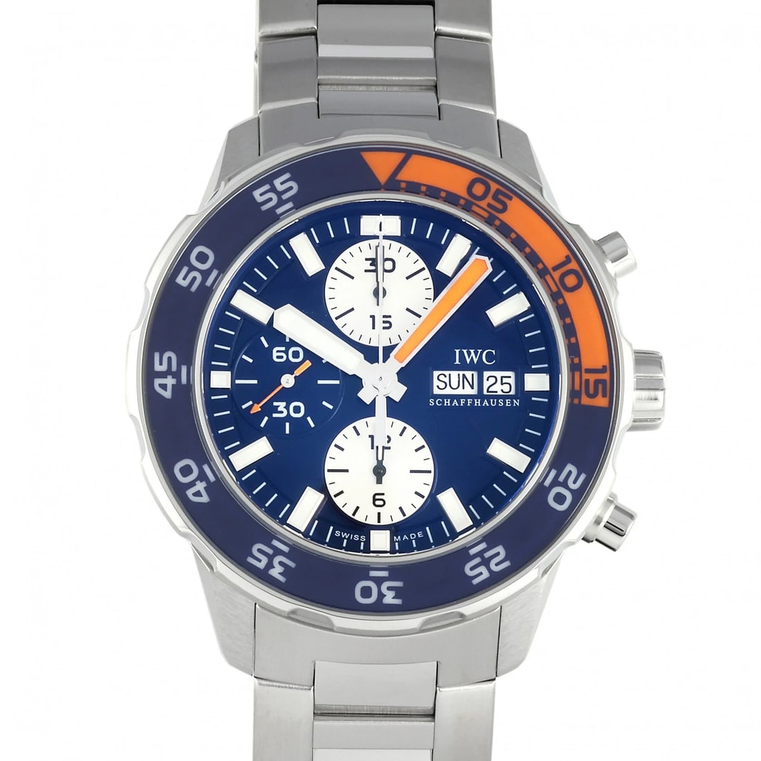 IWC AQUA TIMER CHRONOGRAPH BLUE / SILVER DIAL WATCH: IWC Aqua timer Chronograph Blue / silver Dial Watch Brand: IWC Type: Wristwatch Material: SS Color: Dial color Blue / silver Size: Bracelet size 18.0cm Case size: 44.0mm Accessories: None