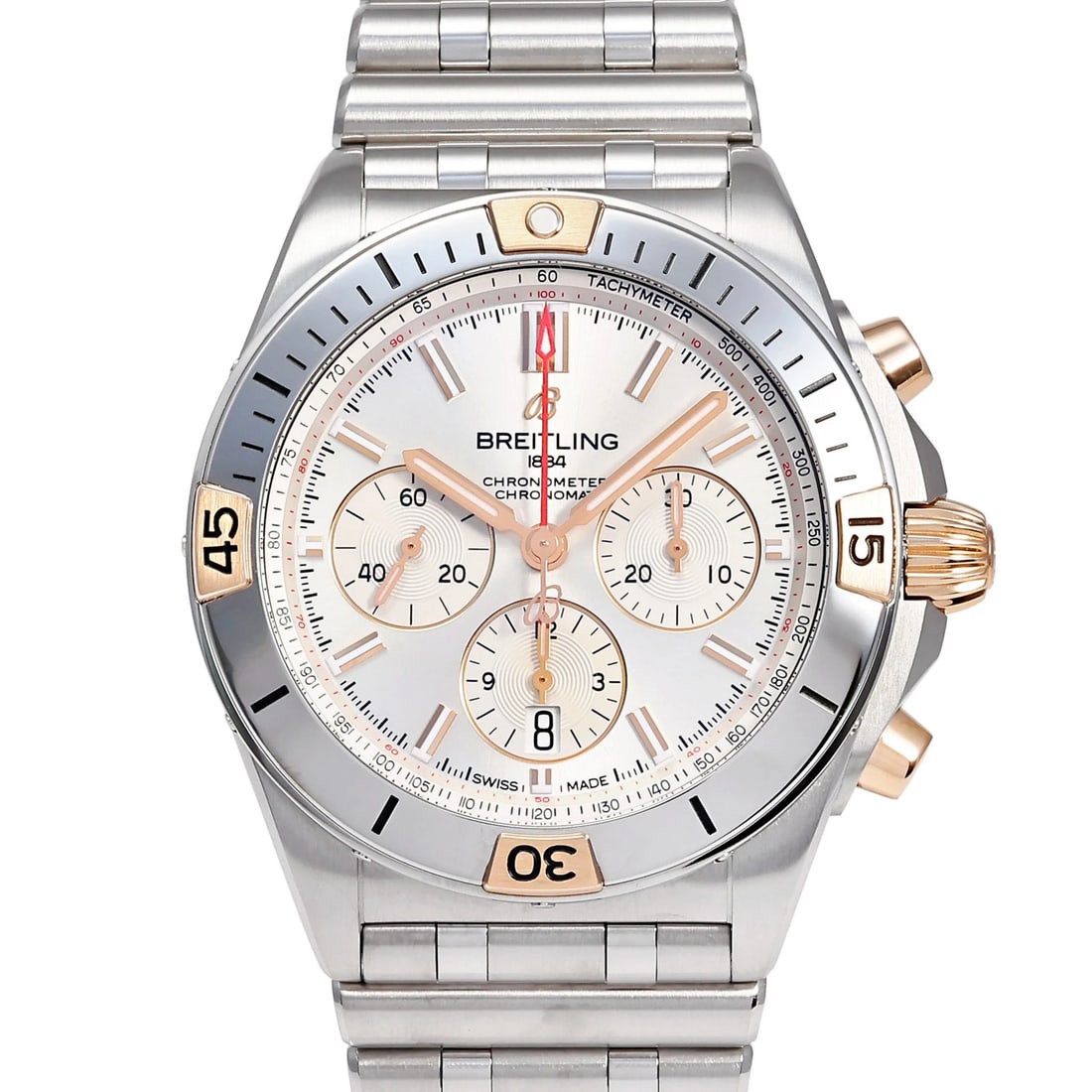 BREITLING CHRONOMAT B SILVER DIAL WATCH: BREITLING Chronomat B Silver Dial Watch Brand: BREITLING Type: Wristwatch Material: stainless Red gold stainless Color: Dial color Silver Size: Bracelet size: 20.0cm Case size: 42.0mm Accessories: