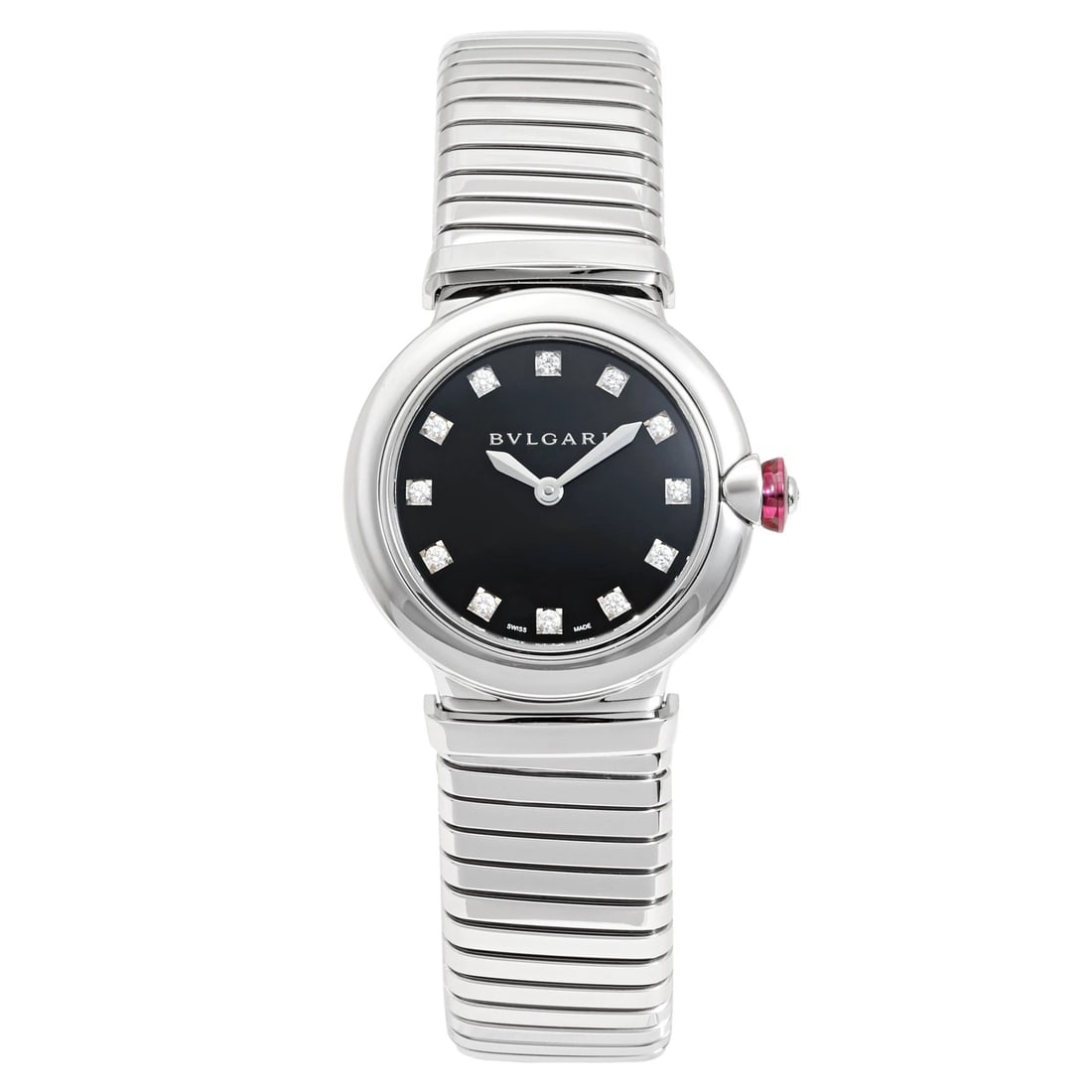 BVLGARI LE CHAIR TUBOGAS BLACK DIAL WATCH: BVLGARI Le chair Tubogas black Dial Watch Brand: BVLGARI Type: Wristwatch Material: SS Color: Dial color black Size: Bracelet size: 17.0cm Case size: 28.0mm Accessories: None Accessories N