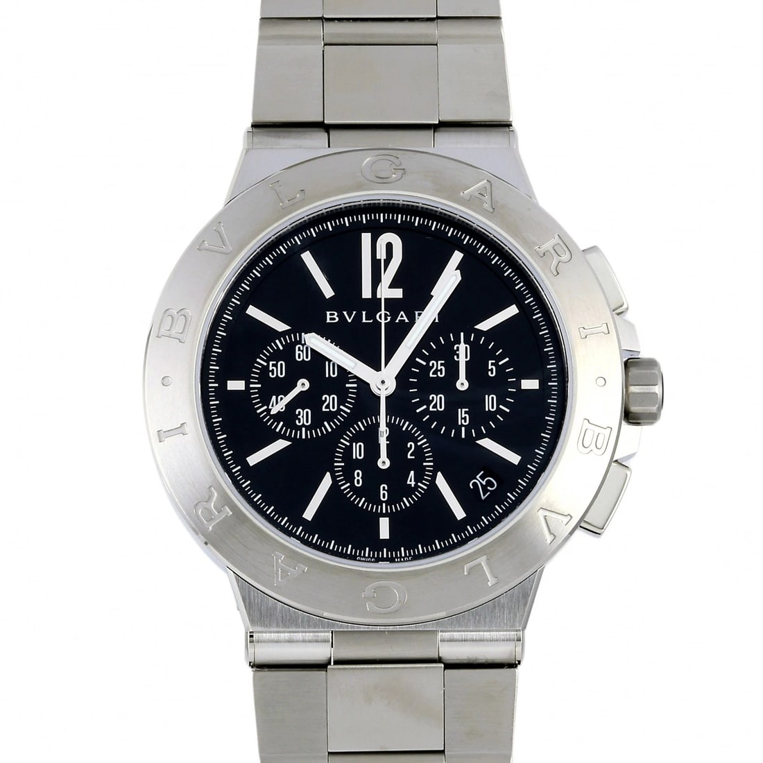 BVLGARI DIAGONO VELOCISSIMO BLACK DIAL WATCH: BVLGARI Diagono Velocissimo black Dial Watch Brand: BVLGARI Type: Wristwatch Material: SS Color: Dial color black Size: Bracelet size: 20.5cm Case size: 41.0mm Accessories: None Accessorie