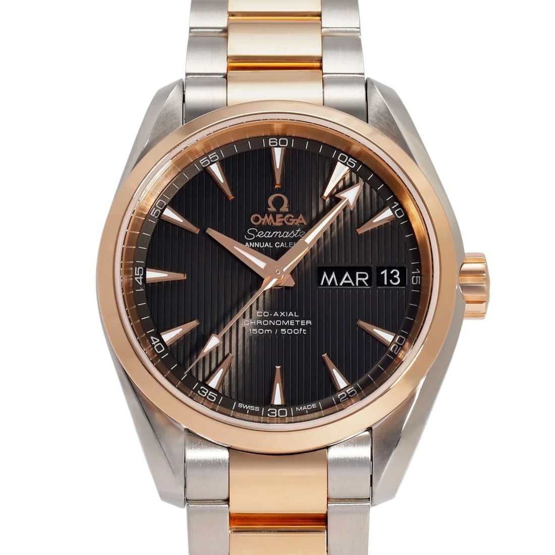 OMEGA SEAMASTER AQUA TERRA ANNUAL CALENDAR GRAY DIAL WATCH: OMEGA Seamaster Aqua Terra Annual Calendar gray Dial Watch Brand: OMEGA Type: Wristwatch Material: stainless Red gold Red gold stainless Color: Dial color gray Size: Bracelet size: 20.0cm Case size: 3