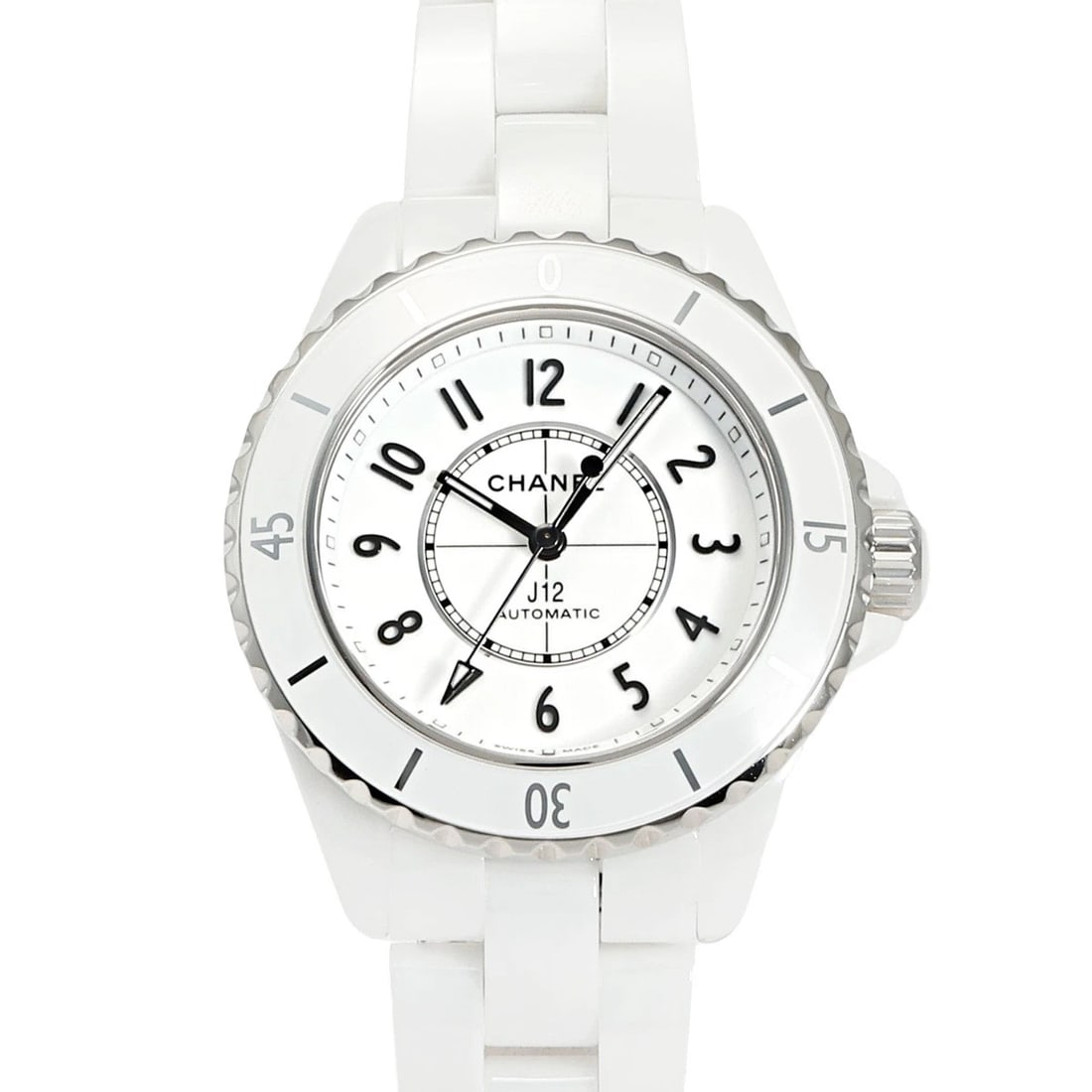 CHANEL WHITE DIAL WATCH: CHANEL white Dial Watch Brand: CHANEL Type: Wristwatch Material: ceramic stainless ceramic stainless Color: Dial color white Size: Bracelet size: 18.0cm Case size: 33.0mm Accessories: None