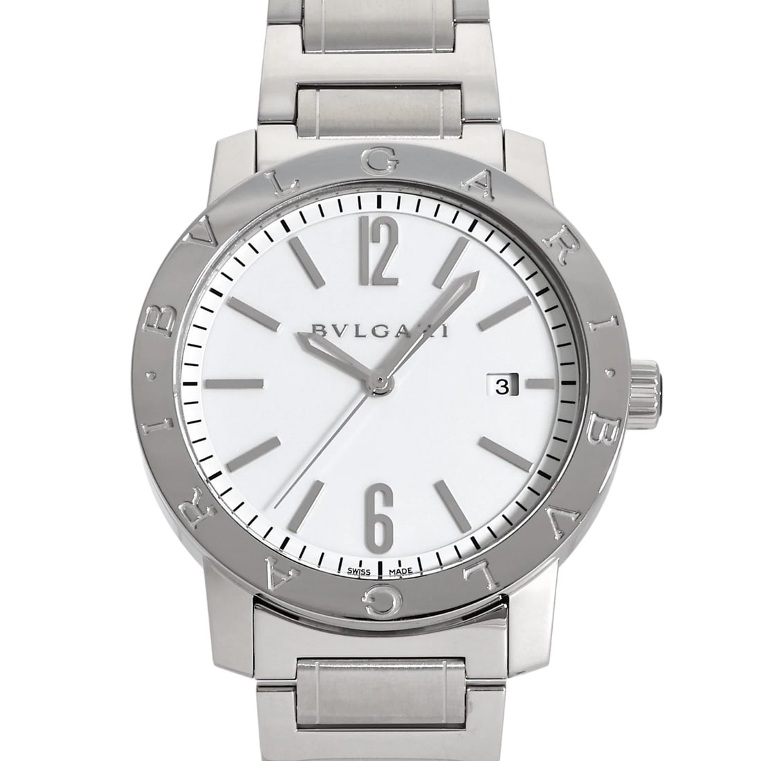 BVLGARI WHITE DIAL WATCH: BVLGARI white Dial Watch Brand: BVLGARI Type: Wristwatch Material: Stainless Steel,Stainless Steel Color: Dial color white Size: Bracelet size: 20.0cm Case size: 41.0mm Accessories: None Accessories