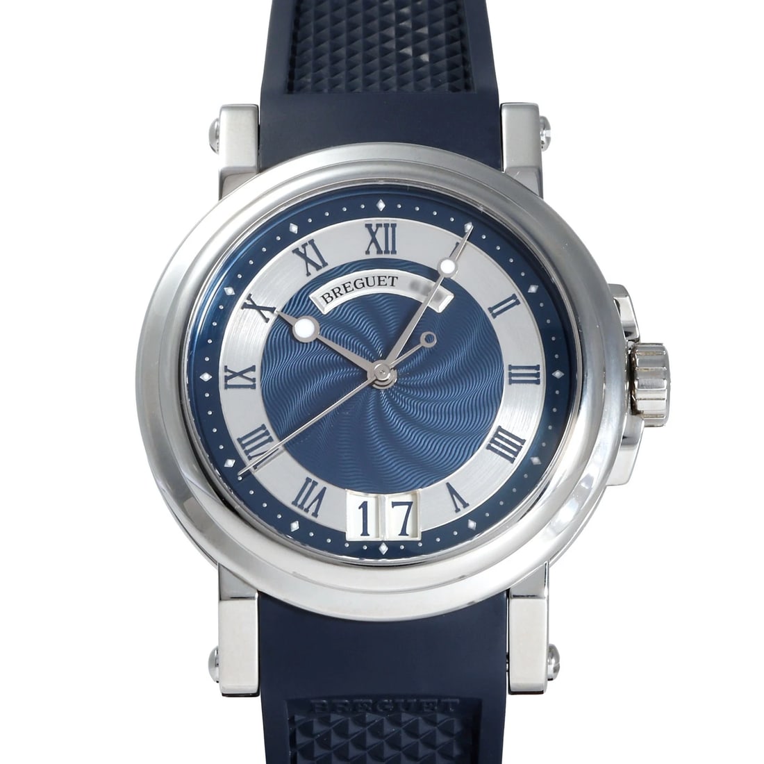 BREGUET MARINE LARGE DATE BLUE / SILVER DIAL WATCH: Breguet Marine Large Date Blue / silver Dial Watch Brand: Breguet Type: Wristwatch Material: stainless, rubber Color: Dial color Blue / silver Size: Bracelet size: 18.0cm Case size: 39.0mm Accesso