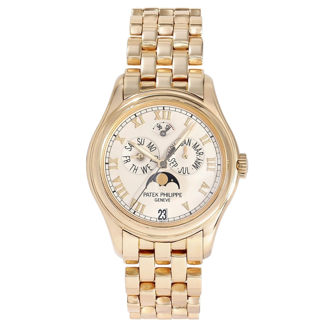 PATEK PHILIPPE COMPLICATION ANNUAL CALENDAR SILVER DIAL WATCH: PATEK PHILIPPE Complication Annual calendar Silver Dial Watch Brand: PATEK PHILIPPE Type: Wristwatch Material: K18 yellow gold Yellow Gold Color: Dial color Silver Size: Bracelet size: 18.5cm Case siz