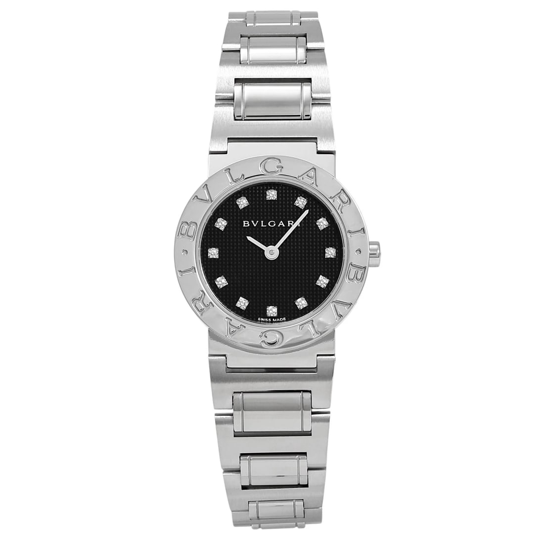 BVLGARI BLACK DIAL WATCH: BVLGARI black Dial Watch Brand: BVLGARI Type: Wristwatch Material: SS Color: Dial color black Size: Bracelet size: 18.0cm Case size: 26.0mm Accessories: None Accessories Notice: When purch