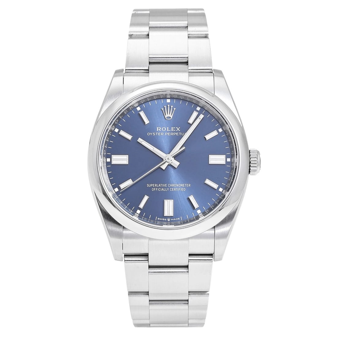 ROLEX OYSTER PERPETUAL BRIGHT BLUE DIAL WATCH: Rolex Oyster perpetual Bright blue Dial Watch Brand: Rolex Type: Wristwatch Material: SS Color: Dial color Bright blue Size: Bracelet size: 18.0cm Case size: 36.0mm Accessories: None Acces