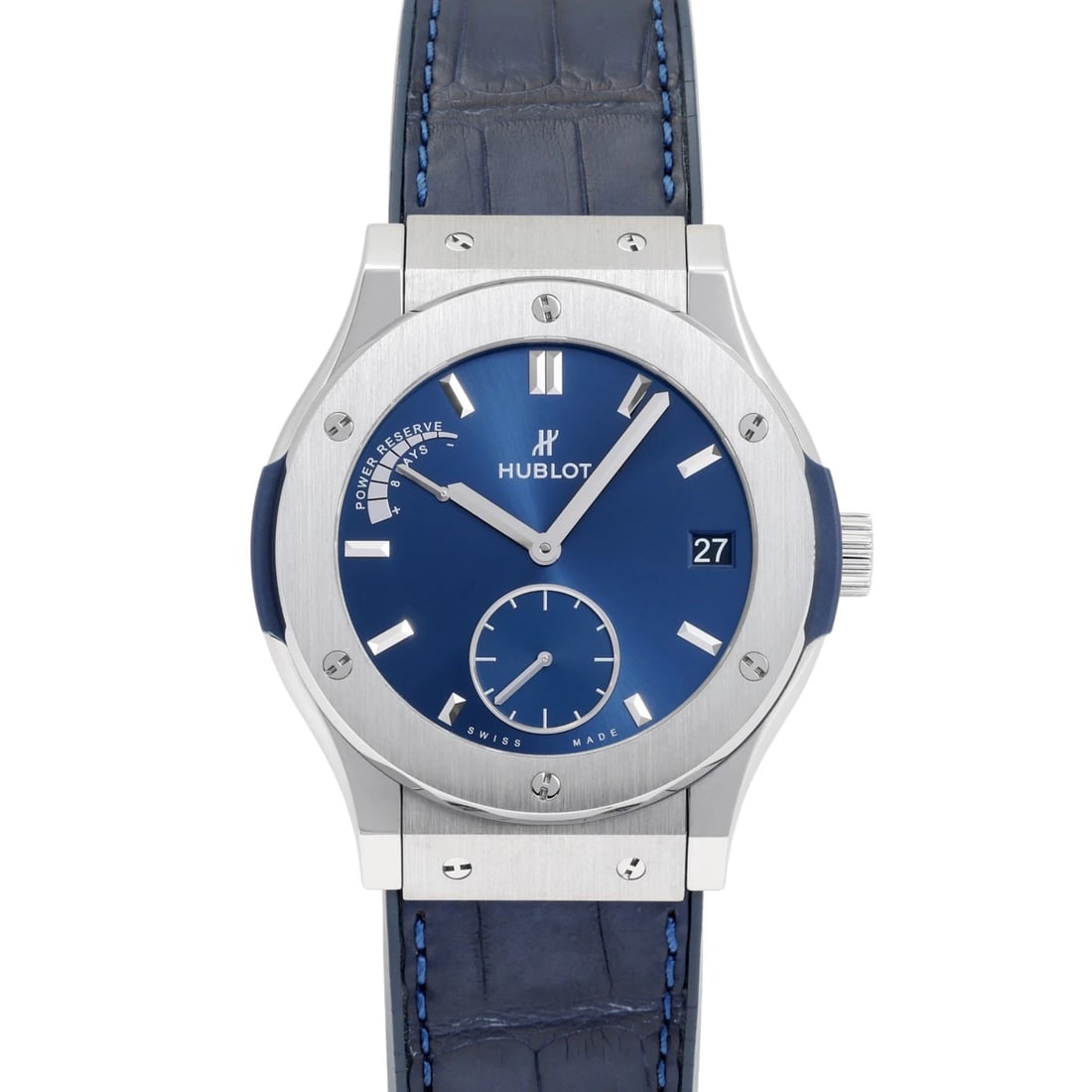 HUBLOT CLASSIC FUSION POWER RESERVE DAYS TITANIUM BLUE DIAL WATCH: HUBLOT Classic fusion Power Reserve Days Titanium blue Dial Watch Brand: HUBLOT Type: Wristwatch Material: Titanium Leather x rubber leather rubber Color: Dial color blue Size: Bracelet size: 20.0cm C