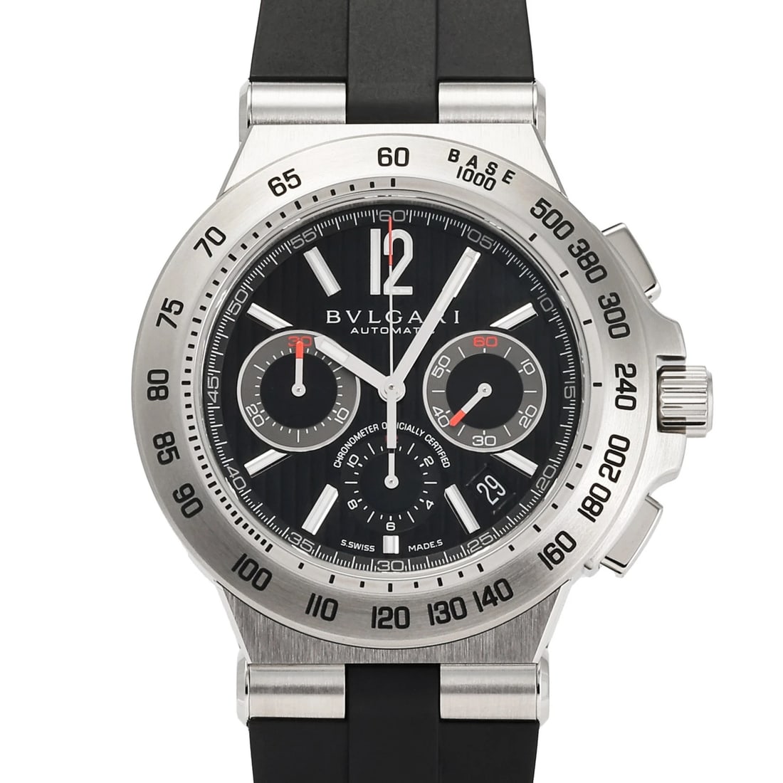 BVLGARI DIAGONO BLACK DIAL WATCH: BVLGARI Diagono black Dial Watch Brand: BVLGARI Type: Wristwatch Material: stainless rubber Color: Dial color black Size: Bracelet size: 20.0cm Case size: 42.0mm Accessories: None Accessor