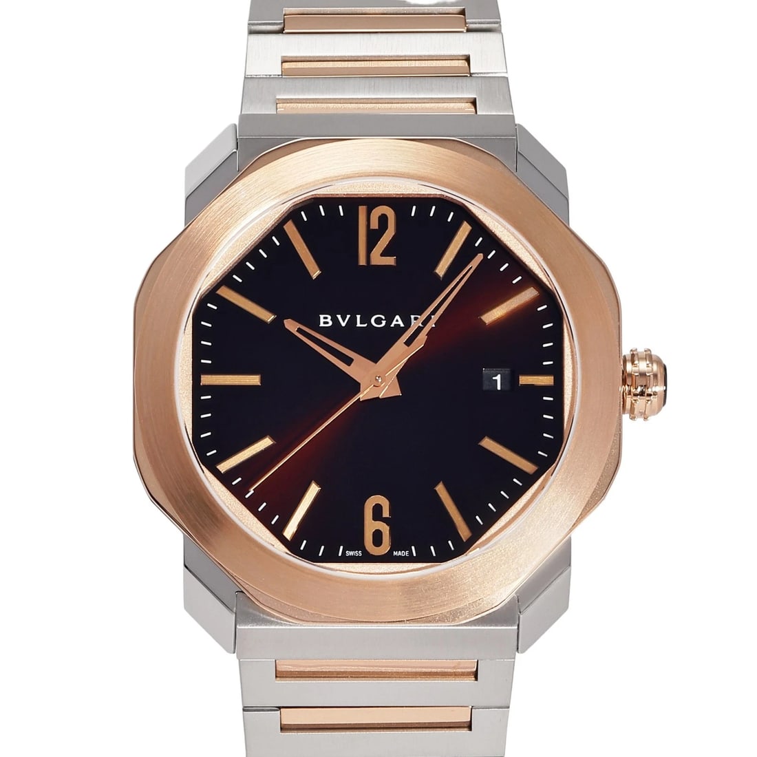 BVLGARI OCTO ROME BROWN DIAL WATCH: BVLGARI Octo Rome Brown Dial Watch Brand: BVLGARI Type: Wristwatch Material: Pink gold stainless Pink gold stainless Color: Dial color Brown Size: Bracelet size: 18.0cm Case size: 41.0mm Accessori