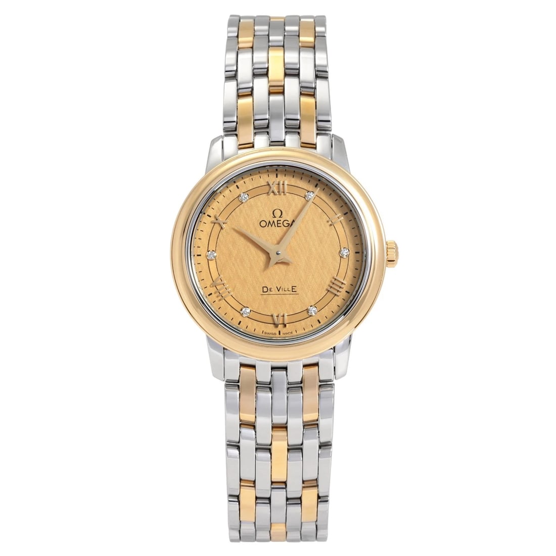 OMEGA DE VILLE PRESTIGE CHAMPAGNE DIAL WATCH: OMEGA De Ville Prestige Champagne Dial Watch Brand: OMEGA Type: Wristwatch Material: Yellow Gold stainless Yellow Gold stainless Color: Dial color Champagne Size: Bracelet size: 15.0cm Case size: 27.0