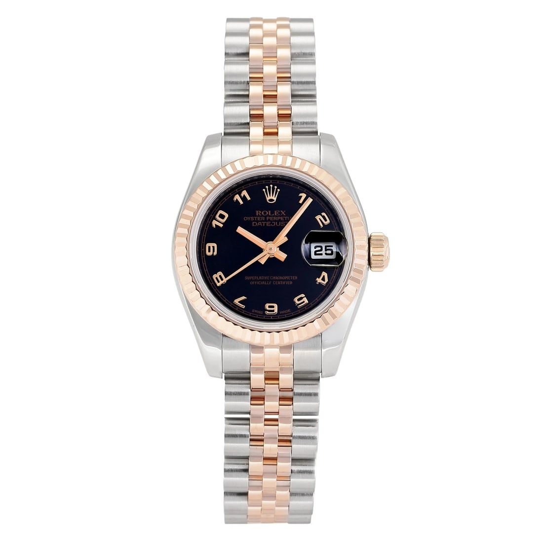 ROLEX DATEJUST BLACK/ARABIC DIAL WATCH: Rolex Datejust black/arabic Dial Watch Brand: Rolex Type: Wristwatch Material: stainless Everose gold stainless Everose gold Color: Dial color black/arabic Size: Bracelet size: 17.0cm Case size: 26.0m