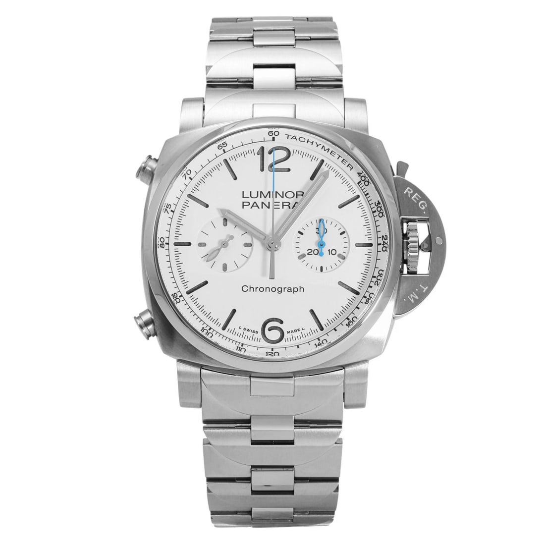 PANERAI LUMINOR CHRONO WHITE DIAL WATCH: PANERAI Luminor Chrono white Dial Watch Brand: PANERAI Type: Wristwatch Material: SS SS Color: Dial color white Size: Bracelet size: 20.0cm Case size: 45.0mm Accessories: None Accessories Notice: