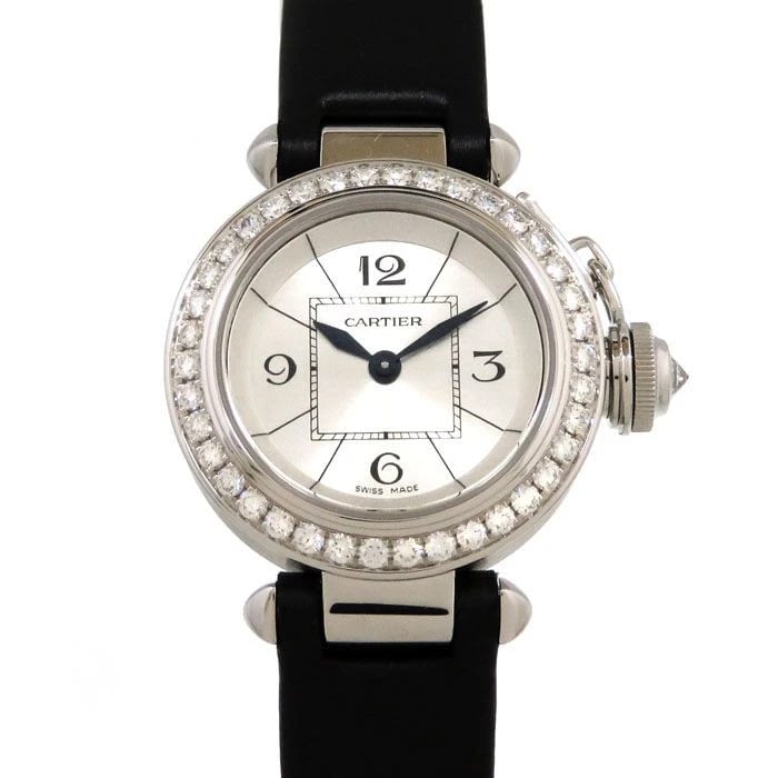CARTIER MISS PASHA BEZEL DIAMOND SILVER DIAL WATCH: Cartier Miss Pasha Bezel Diamond Silver Dial Watch Brand: Cartier Type: Wristwatch Material: White Gold leather diamond leather Color: Dial color Silver Size: Case size: 27.0mm Accessories: None <