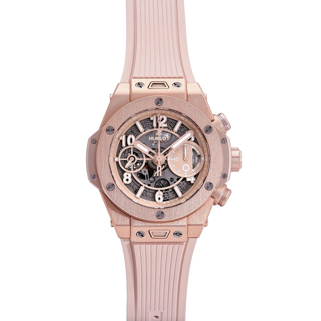 HUBLOT BIG BANG PINK DIAL WATCH: HUBLOT big Bang pink Dial Watch Brand: HUBLOT Type: Wristwatch Material: aluminum rubber Color: Dial color pink Size: Bracelet size: 20.0cm Case size: 42.0mm Accessories: None Accessories