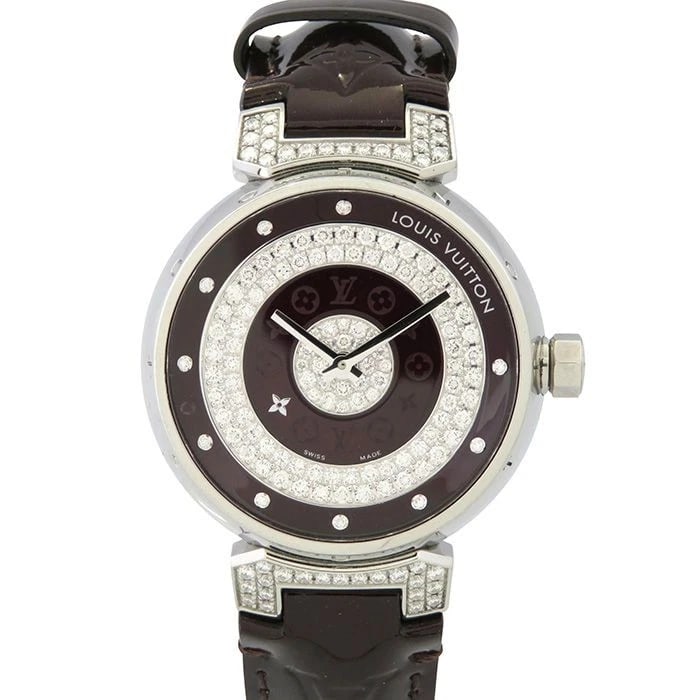 LOUIS VUITTON TAMBOUR TAMBOUR AMARANTE LUG DIAMOND Q AMARANT DIAL WATCH: Louis Vuitton Tambour Tambour Amarante Lug Diamond Q Amarant Dial Watch Brand: Louis Vuitton Type: Wristwatch Material: SS Color: Dial color Amarant Size: Case size: 45.0mm Accessories: None <