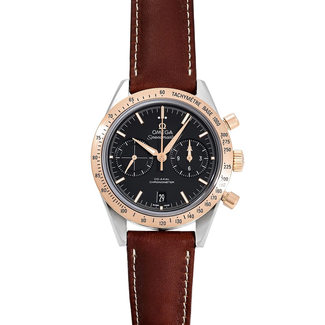 OMEGA SPEEDMASTER CO-AXIAL BLACK DIAL WATCH: OMEGA Speedmaster Co-Axial black Dial Watch Brand: OMEGA Type: Wristwatch Material: stainless Red gold calf Color: Dial color black Size: Bracelet size: 20.0cm Case size: 42.0mm Accessories: None