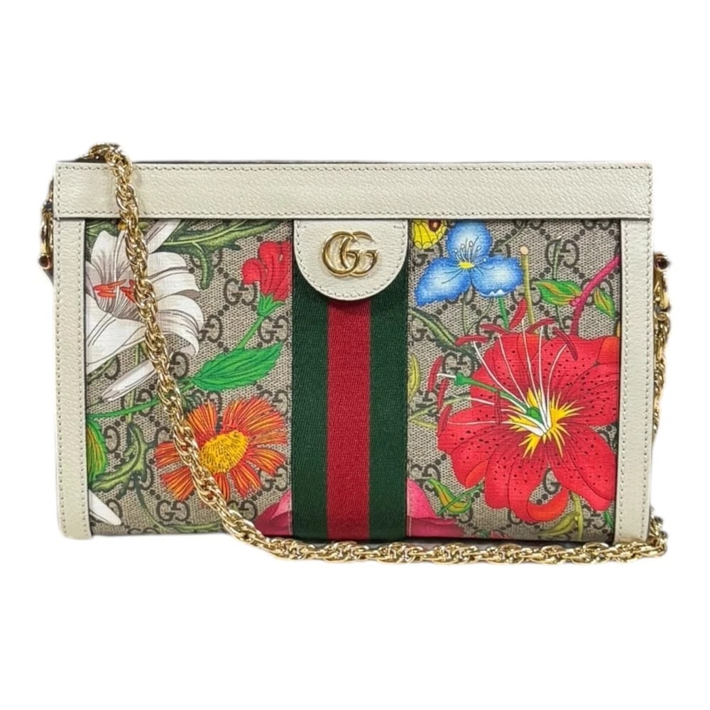 GUCCI SHOULDER BAG LEATHER CHAIN: GUCCI Shoulder Bag leather Chain Brand: GUCCI Type/Style: Shoulder Bag Material: Exterior Material leather Color: Exterior Color white / beige x multicolor Size: W10.2 x H6.7 x D3.1inch Accessorie