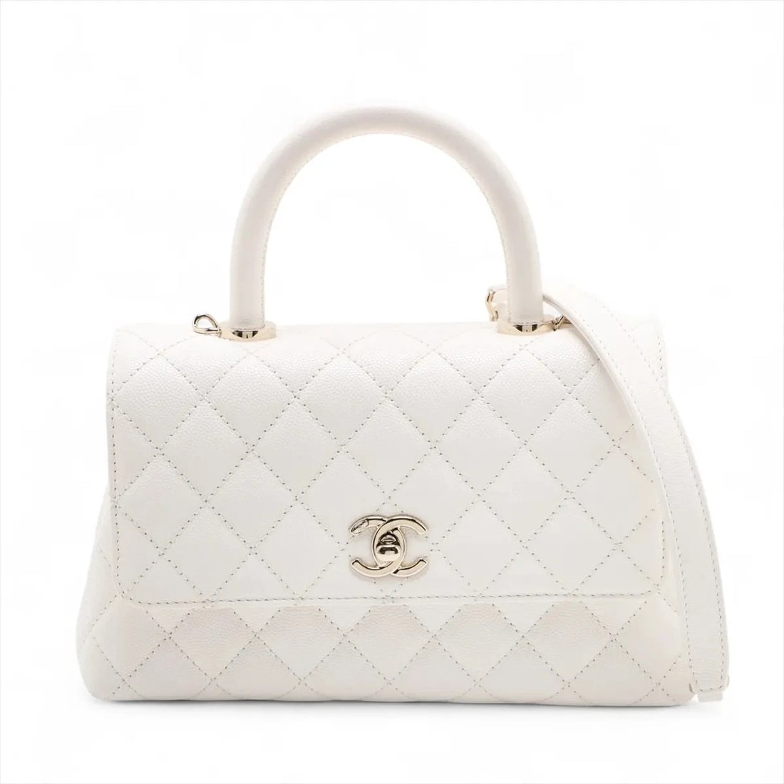 CHANEL COCO HANDLE 24 XS CAVIAR SKIN 2 WAY HANDBAG: Chanel Coco handle 24 XS Caviar Skin 2 Way Handbag Brand: Chanel Type/Style: Hand bag Material: Caviar Skin Color: White Size: Height:5.3inch Length:8.9inch Depth:3.5inch Handle height:2.8inch Acc