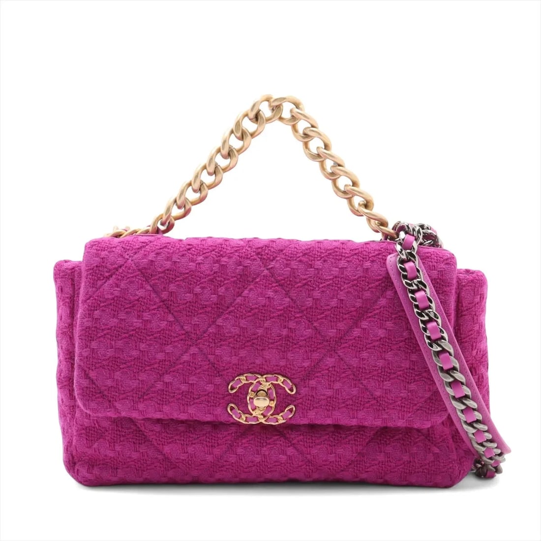 CHANEL 19 LARGE TWEED X LEATHER CHAIN SHOULDER BAG: Chanel 19 Large tweed x leather Chain Shoulder Bag Brand: Chanel Type/Style: Shoulder bag Material: Tweed x Leather Color: Purple Size: Height:7.9inch Length:11.4inch Depth:3.3inch Handle height:3.7in