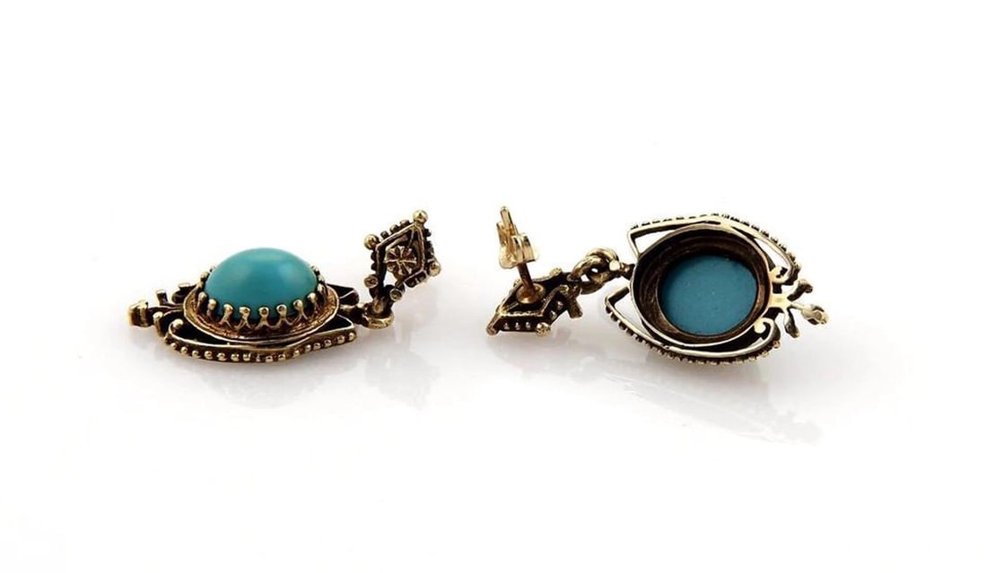 OVAL TURQUOISE 14K YELLOW GOLD DANGLE EARRINGS: Oval Turquoise 14k Yellow Gold Dangle Earrings Brand: None Type/Style: Earrings Material: 14k Yellow Gold Color: Yellow Size: Measurements: approximately 32mm long x 13mm wide x 7mm Accessories: N