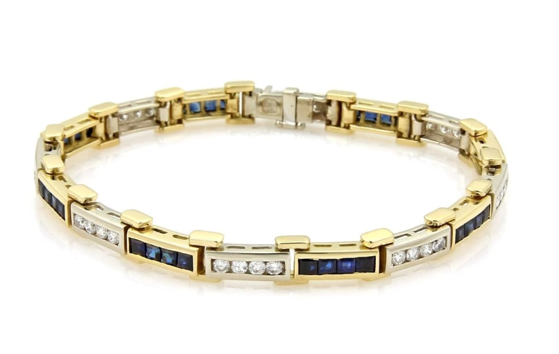 DIAMOND & SAPPHIRE 18K MULTI TONE GOLD BAR LINK BRACELET: Diamond & Sapphire 18k Multi Tone Gold Bar Link Bracelet Brand: None Type/Style: Bracelet Material: 18k yellow and white gold Color: yellow and white gold Size: Measurements: approximately 7.25" long 