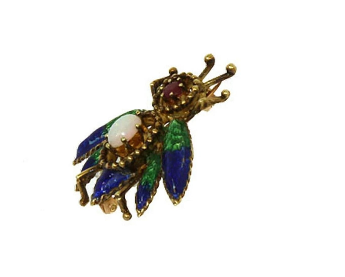OPAL RUBY ENAMEL BEE 14K YELLOW GOLD BROOCH - 2