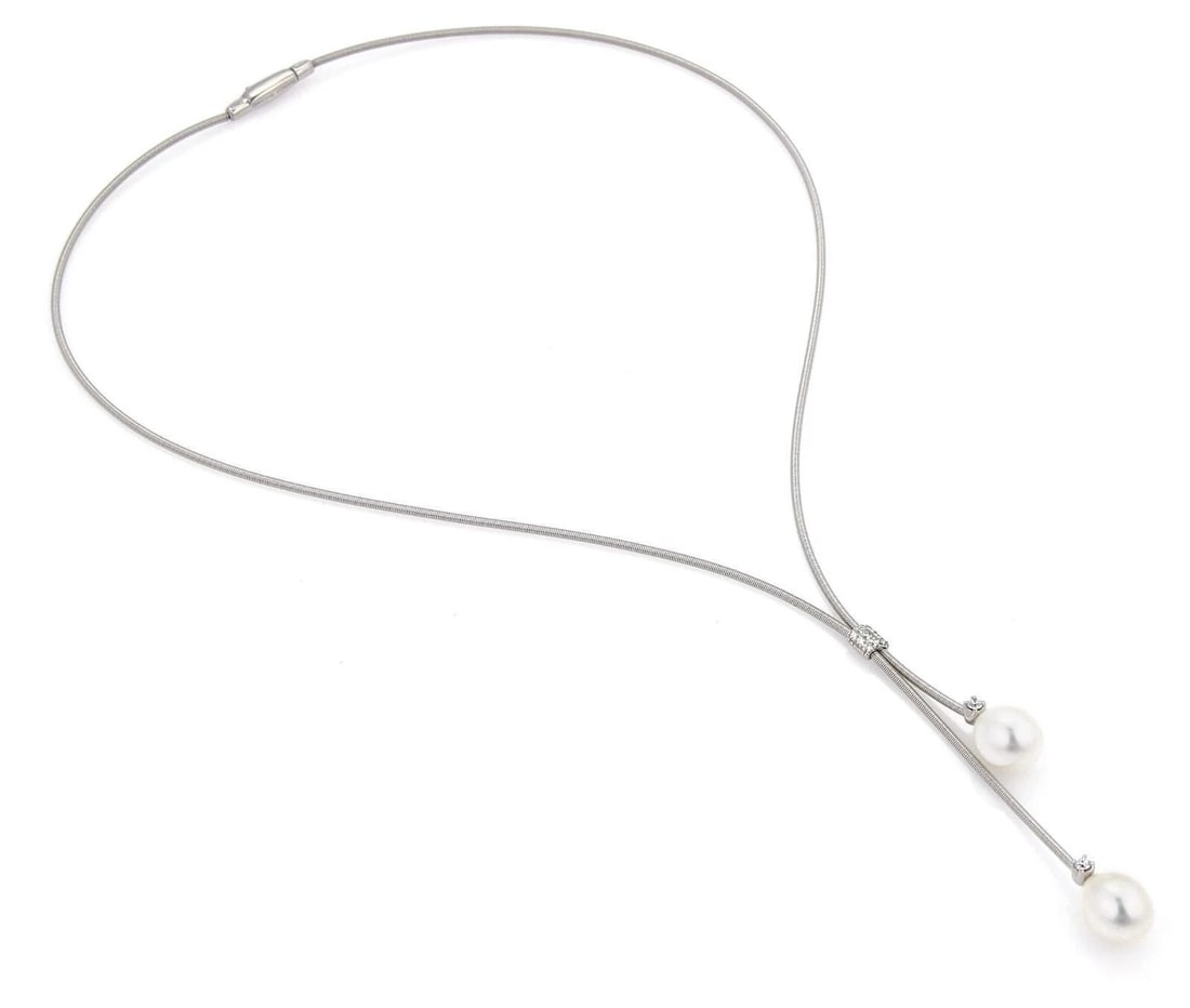 MARCO BICEGO 18K WHITE GOLD DIAMOND & PEARLS NECKLACE: Marco Bicego 18k White Gold Diamond & Pearls Necklace Brand: Marco Bicego Type/Style: Necklace Material: 18k White Gold Color: White Size: Measurement: wearable length 16" long Pendant drop: 2.5" long