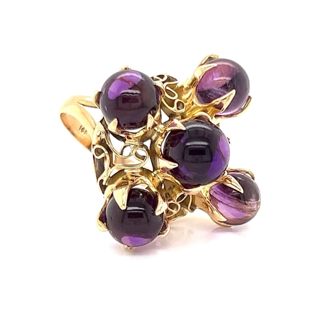 CABOCHON AMETHYST 14K YELLOW GOLD LARGE COCKTAIL RING: Cabochon Amethyst 14k Yellow Gold Large Cocktail Ring Brand: None Type/Style: Ring Material: 14k Yellow Gold Color: Yellow Size: 7.75 US Accessories: None Accessories Notice: When purchasing