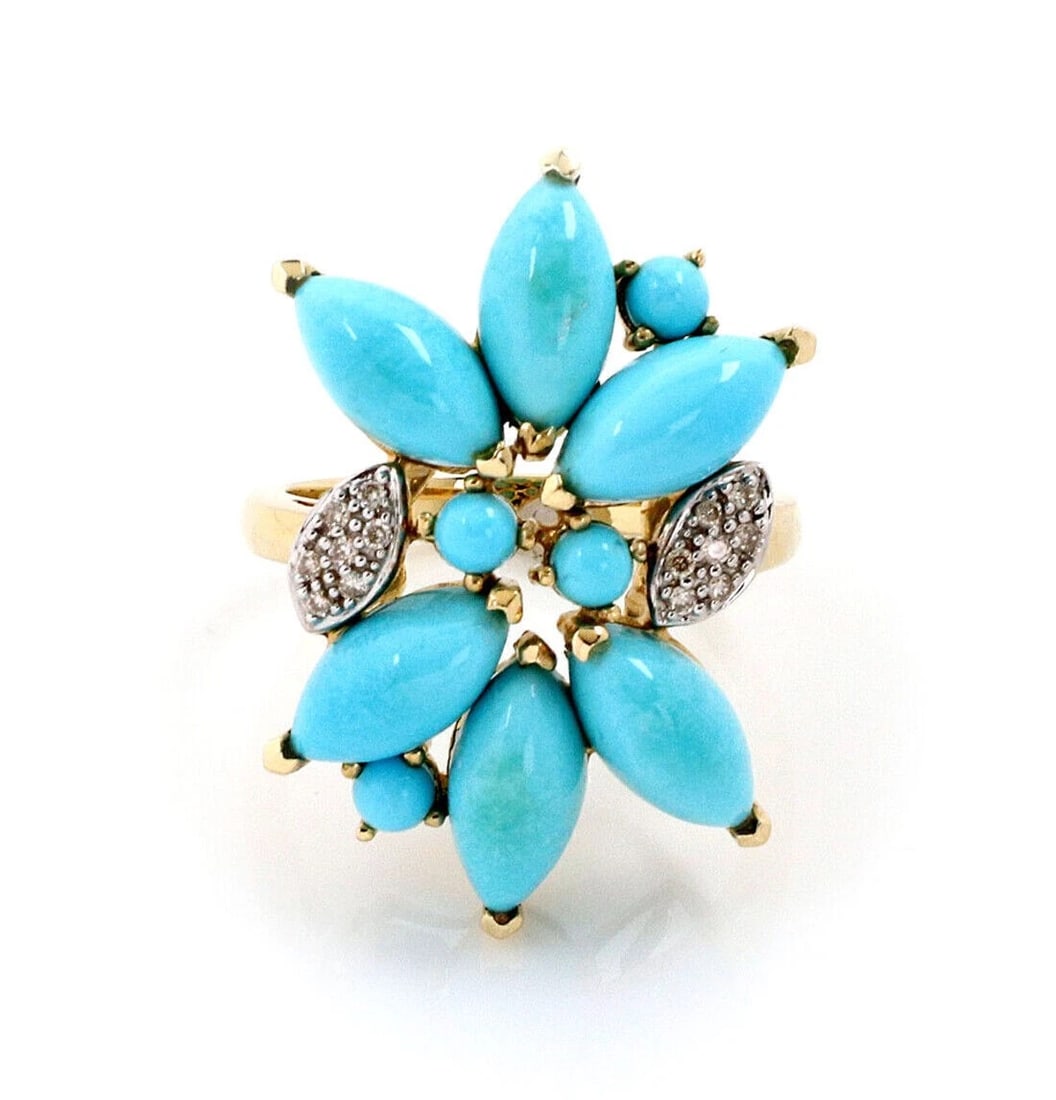 TURQUOISE & DIAMOND FLORAL RING: Turquoise & Diamond Floral Ring Brand: None Type/Style: Ring Material: 14k yellow & white gold Color: None Size: 8 US Accessories: None Accessories Notice: When purchasing pre-owned goods, please