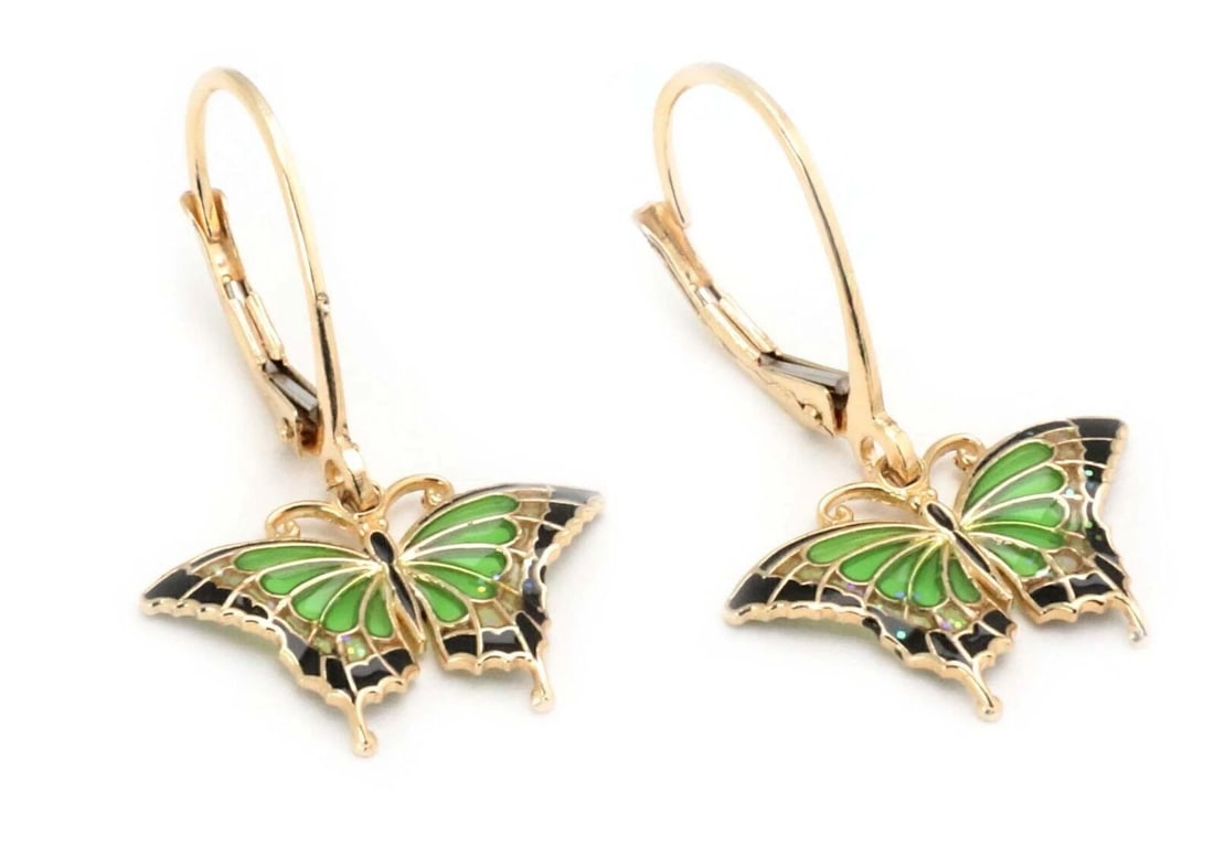 ENAMEL BUTTERFLY 14K YELLOW GOLD DANGLE EARRINGS: Enamel Butterfly 14k Yellow Gold Dangle Earrings Brand: None Type/Style: Earrings Material: 14k Yellow Gold Color: Yellow Size: Measurement: approximately 1.02" long × 0.67" wide Accessories: None