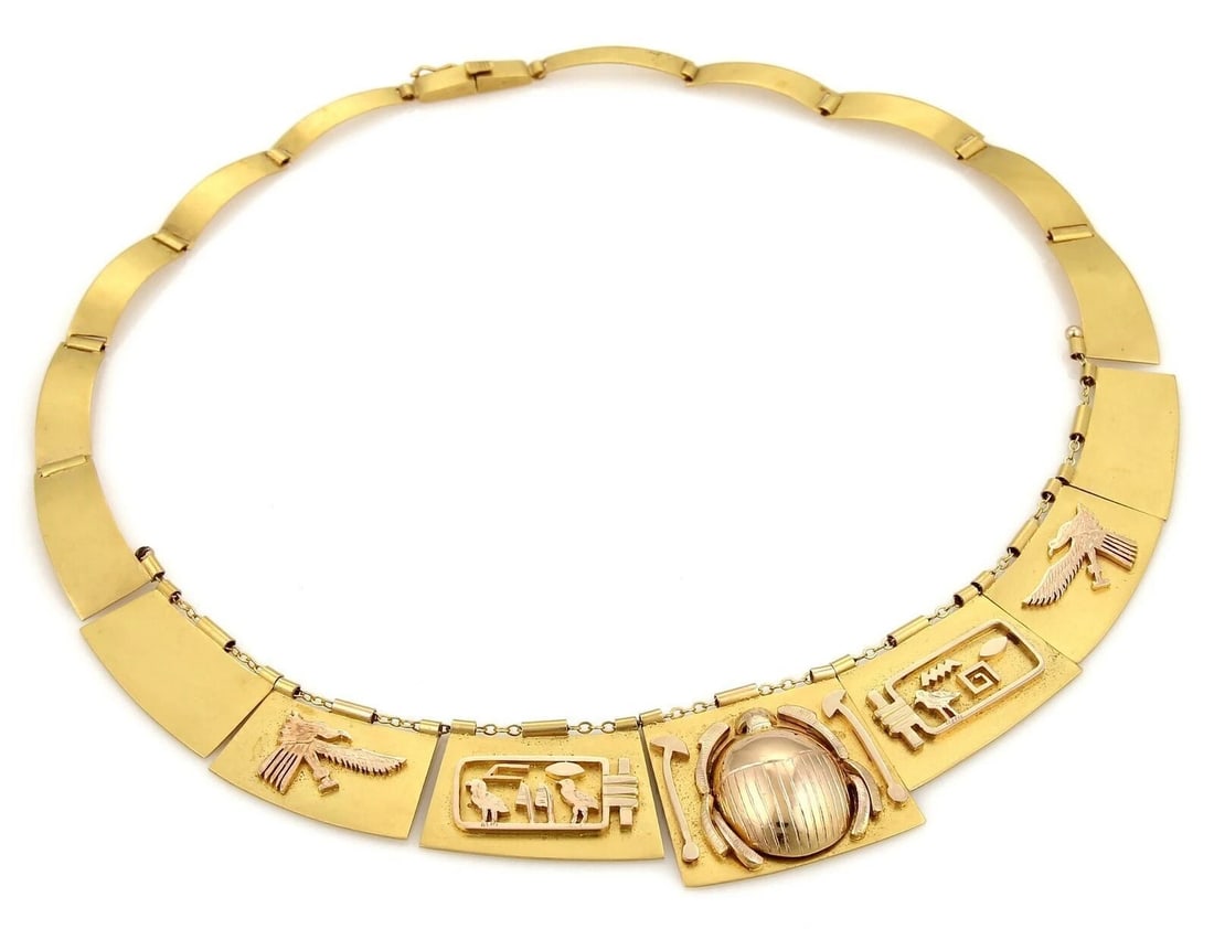 EGYPTIAN REVIVAL SCARAB HIEROGLYPHIC 18K & 14K GOLD NECKLACE: Egyptian Revival Scarab Hieroglyphic 18k & 14k Gold Necklace Brand: None Type/Style: Necklace Material: 18k yellow gold with 14k rose gold accents Color: Yellow Gold Size: Measurements: approximately