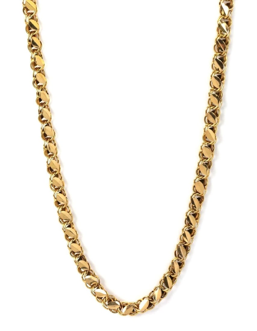 18K YELLOW GOLD CHARM LINK LONG CHAIN NECKLACE: 18K Yellow Gold Charm Link Long Chain Necklace Brand: None Type/Style: Necklace Material: 18k Yellow Gold Color: Yellow Size: Measurement: approximately 36" long × 6 mm wide × 3.3 mm Accessories: