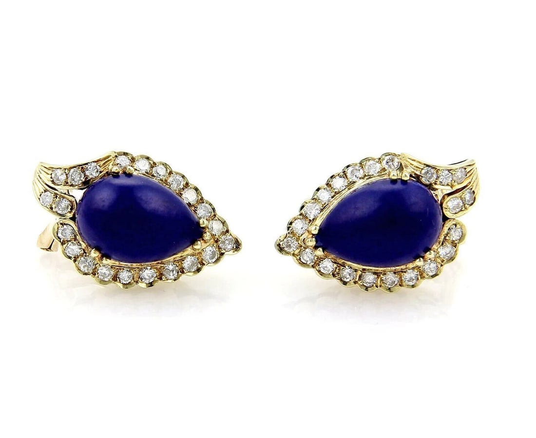 DIAMONDS & PEAR SHAPE LAPIS 14K YELLOW GOLD STUD EARRINGS (1 of 3)