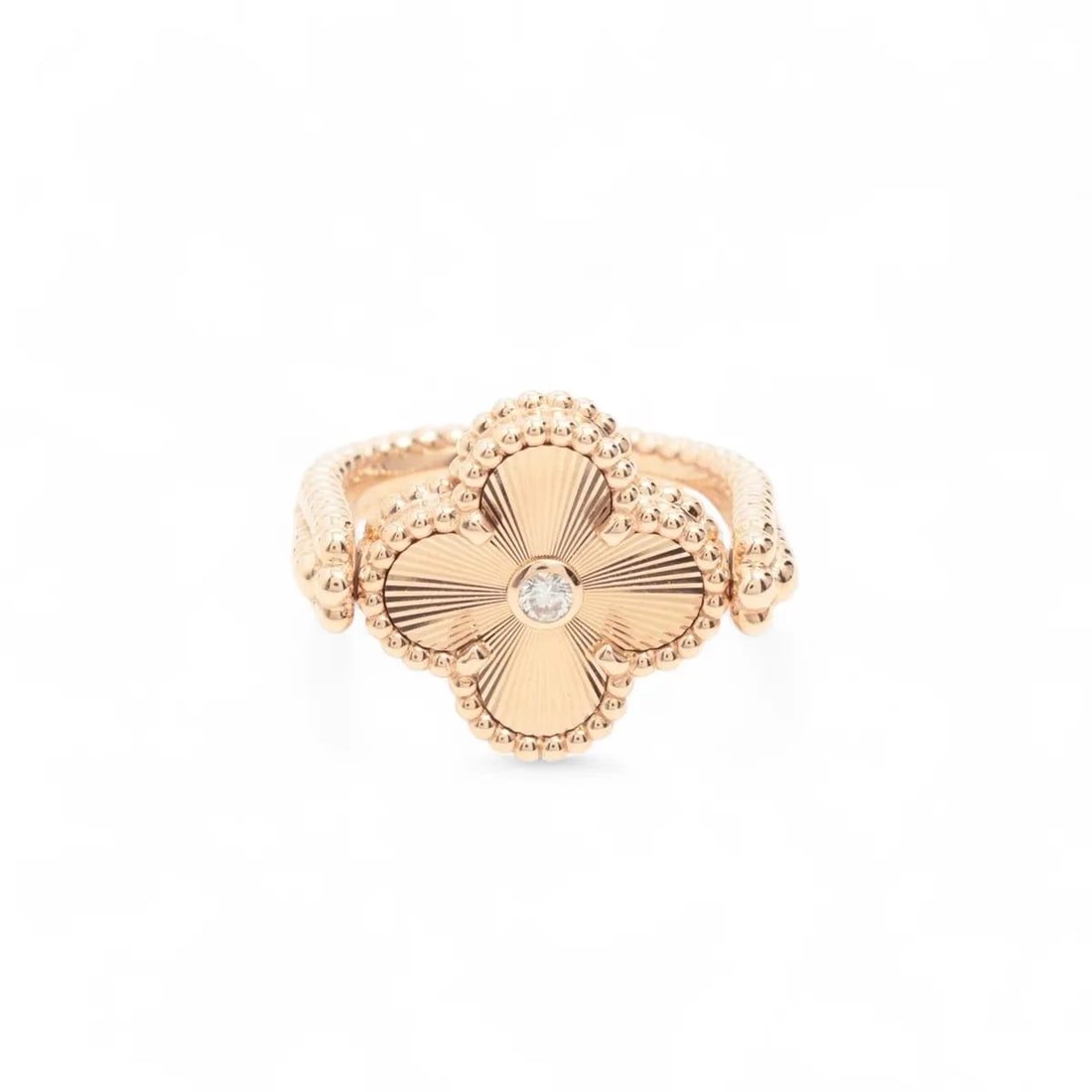VAN CLEEF & ARPELS ALHAMBRA REVERSIBLE GUILLOCHE CARNELIAN DIAMOND RING: Van Cleef & Arpels Alhambra Reversible Guilloche Carnelian diamond Ring Brand: Van Cleef & Arpels Type/Style: Ring Material: none, Main Stone/Creation Natural Color: Not Specified Size: 4.75 - 5 US